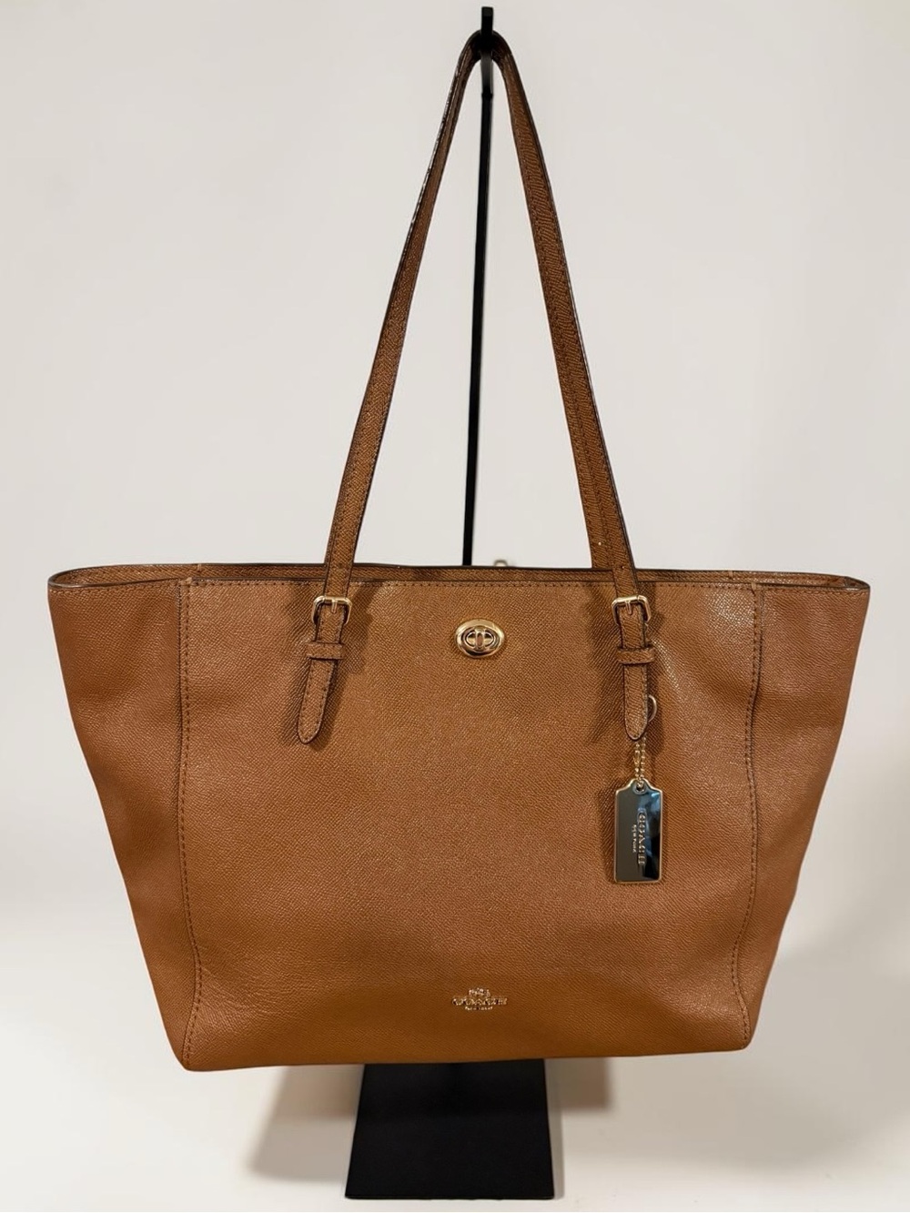 COACH Turnlock Crossgrain Leather Tote Bag Brown Carryall Dust Bag 57443 - Picture 1 of 17